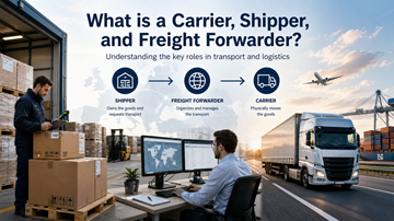 Catena di trasporto in Europa che mostra speditore, freight forwarder e vettore che lavorano insieme per spostare merci tra Paesi